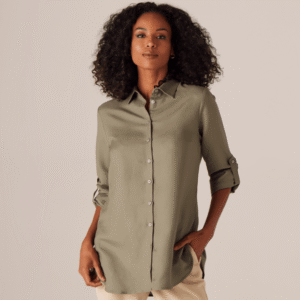Camisa Lisa Sem Bolso Linho Misto Feminina Verde Militar