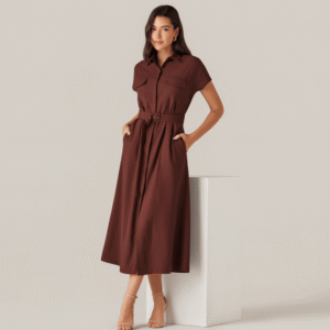 Chemise Manga Curta Bolso Frente Com Lapea Feminino Marrom