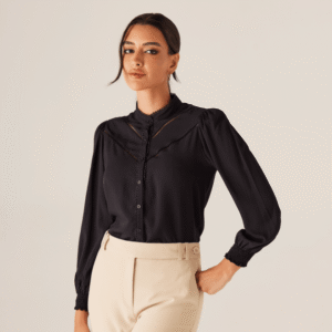 Camisa Gola Padre Punho Com Elastico Feminina Preta