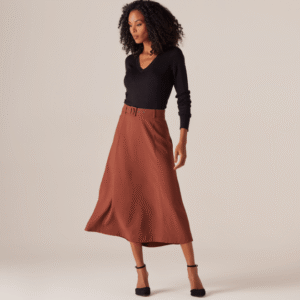 Saia Evase Com Cinto E Bolso Chapado Costas Feminina Marrom