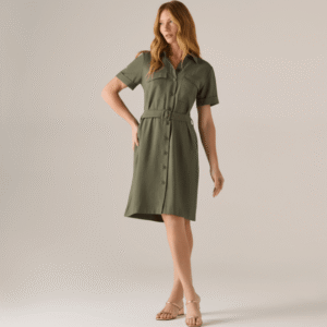 Vestido Bolso Frente Com Lapela E Cinto Feminino Verde Oliva